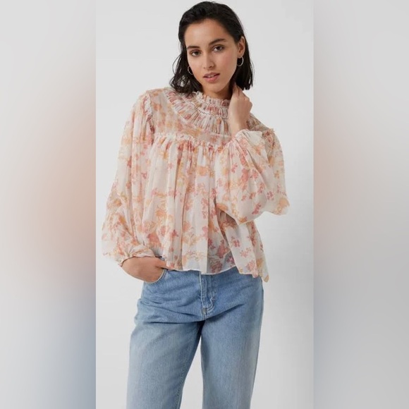 NEW FRENCH CONNECTION- Flowy Mock Neck Blouse with sheer arms in floral print - Picture 7 of 10